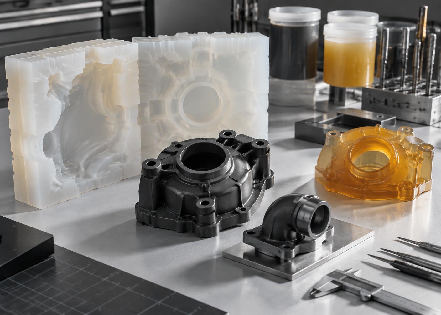 Cast urethane components displayed with a translucent silicone mold